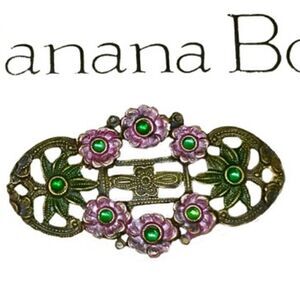 Banana Bob oxgold pink enamel green crystal pin